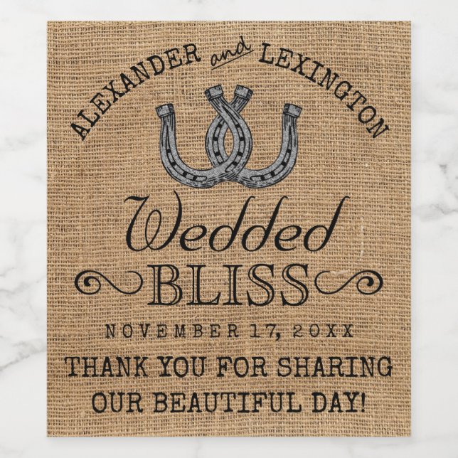 Horseshoes Burlap Look Rustic Country Wedding Wine Label (Single Label)