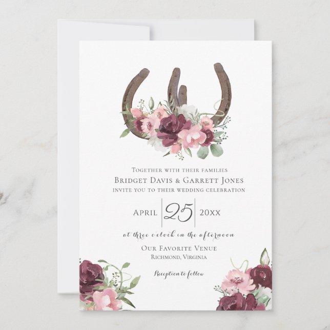 Horseshoes Floral Burgundy Pink Wedding Invitation (Front)