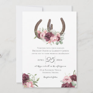 Horseshoes Floral Burgundy Pink Wedding Invitation