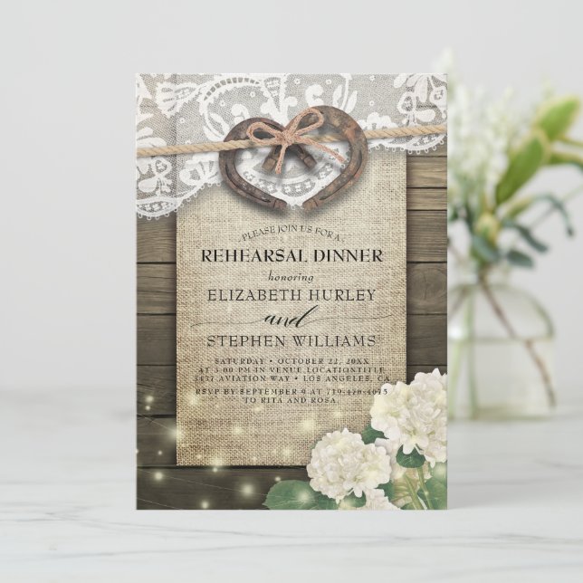 Horseshoes Hydrangea Rustic Wood Rehearsal Dinner Invitation (Standing Front)