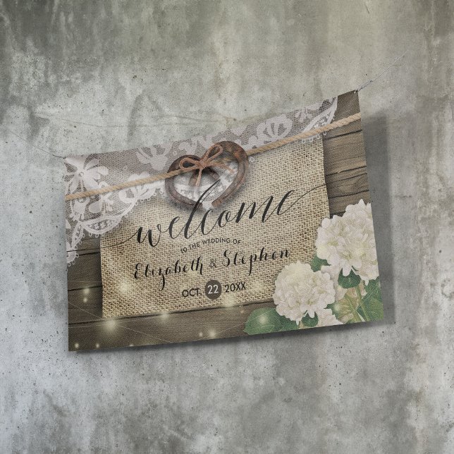 Horseshoes Hydrangea Rustic Wood Wedding Welcome B Banner (Creator Uploaded)