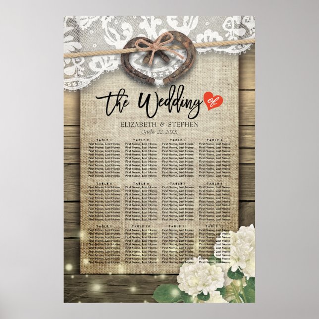 Horseshoes Hydrangea Wood Wedding Seating Charts (Front)