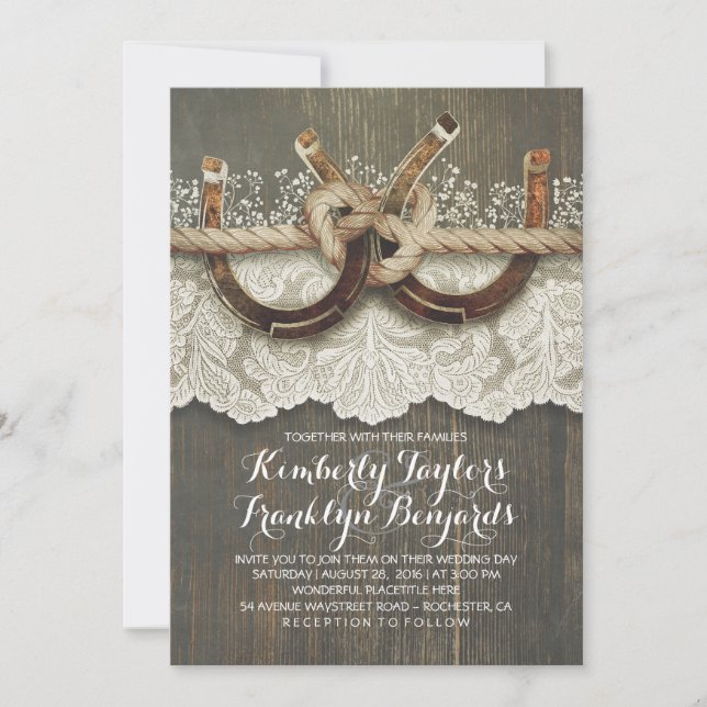 Horseshoes Lace Wood Baby's Breath Rustic Wedding Invitation (Front)