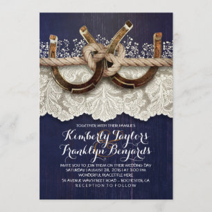 Horseshoes Lace Wood Navy Rustic Wedding Invitation