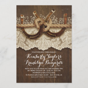 Horseshoes Lace Wood Rustic Country Wedding Invitation