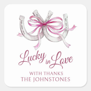 Horseshoes pink ribbon watercolor wedding square sticker