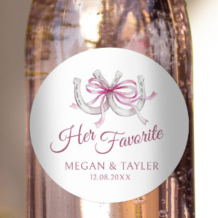 Horseshoes pink ribbon wedding her favourite classic round sticker
