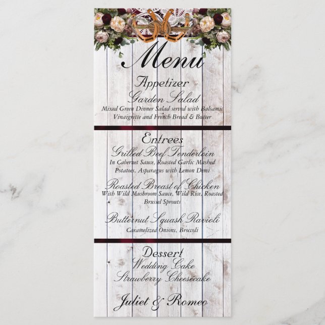 Horseshoes, Ribbon & Lace - Burgundy Wedding Menu (Front)