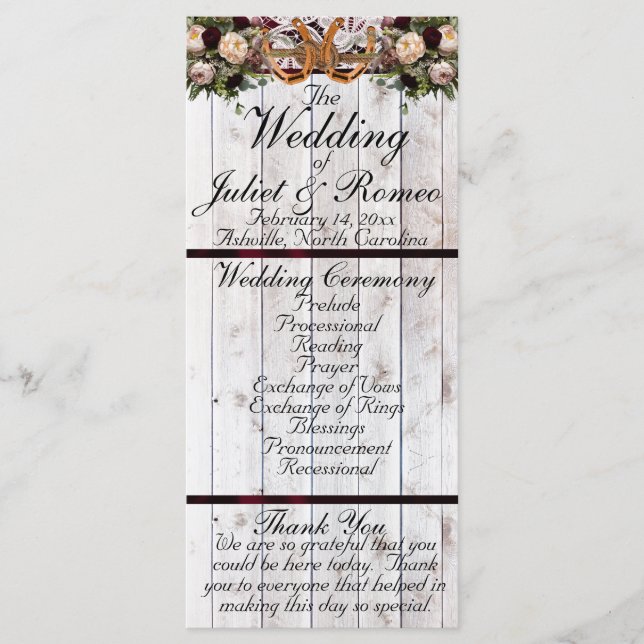 Horseshoes, Ribbon & Lace - Burgundy Wedding Programme (Front)