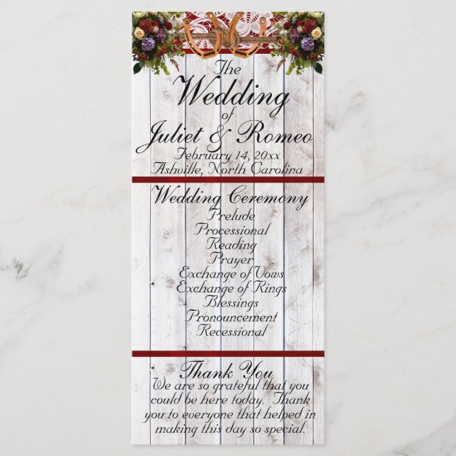 Horseshoes, Ribbon & Lace - Red Wedding Programme (Front)