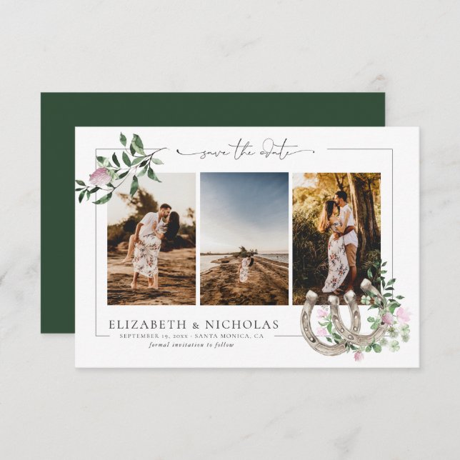 Horseshoes Shamrock Greenery | 3 Photo Wedding Save The Date (Front/Back)