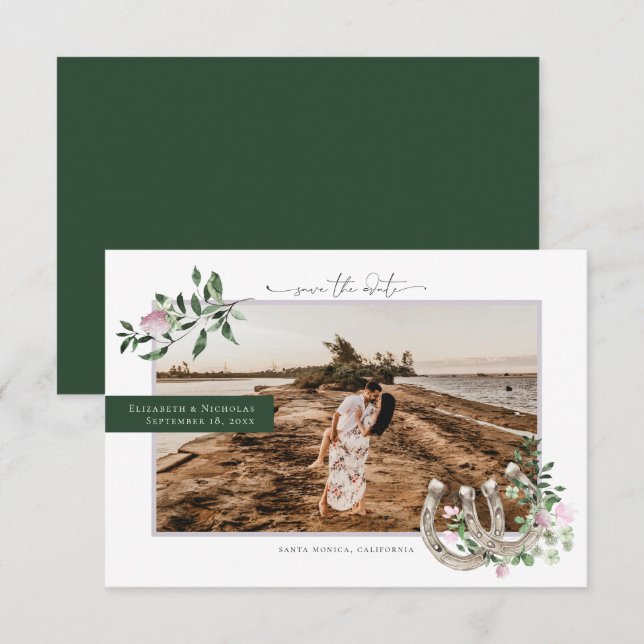 Horseshoes Shamrock Greenery | Photo Wedding Save The Date (Front/Back)
