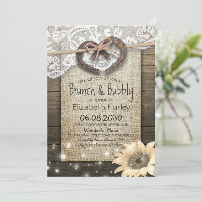Horseshoes Sunflower Brunch & Bubbly Bridal Shower Invitation (Standing Front)