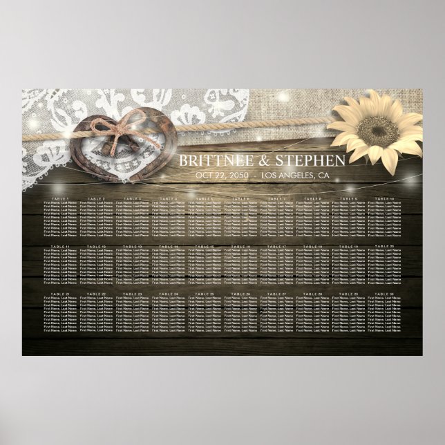Horseshoes Sunflowers Wood Wedding Seating Charts (Front)