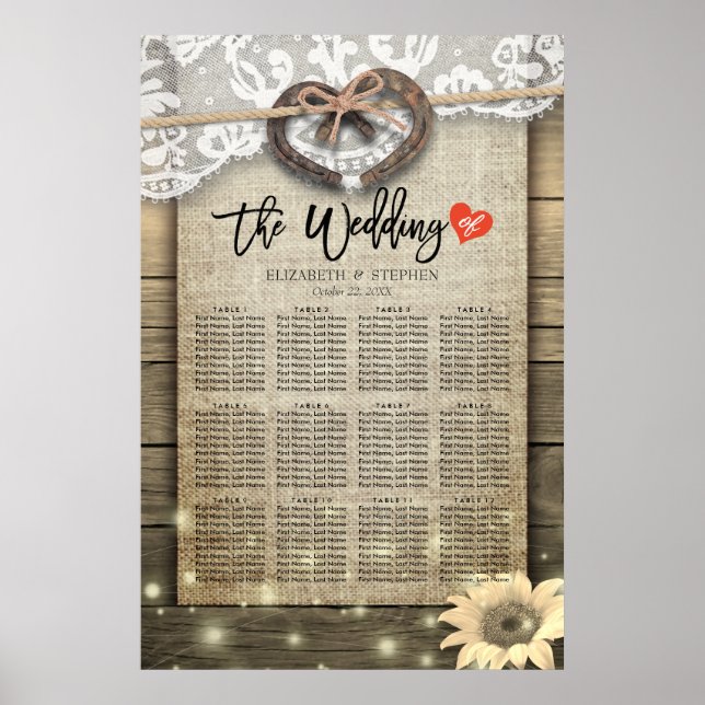 Horseshoes Sunflowers Wood Wedding Seating Charts (Front)