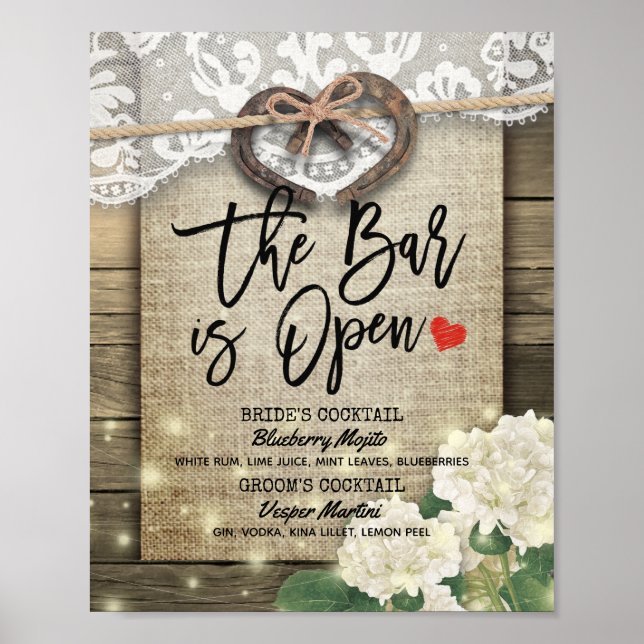 Horseshoes Wood Wedding The Bar is Open Drink Menu Poster (Front)