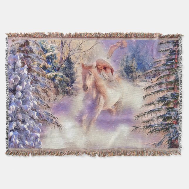 Horsewoman and colourful winter scenery watercolor throw blanket (Front)