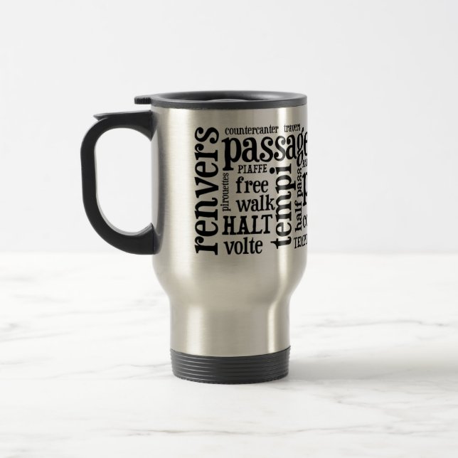 Horsey-Girl's Dressage Terms Travel Mug in Black (Left)