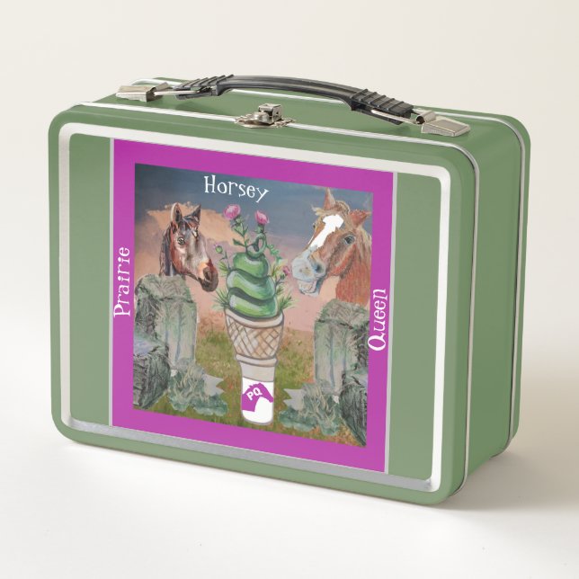 horsey prairie queen, cute cone of grass and thist metal lunch box (Front)
