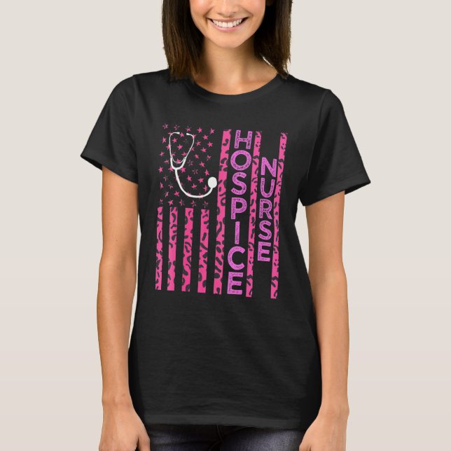 Hospice Nurse Leopard Print Pink Usa Flag Patrioti T-Shirt (Front)
