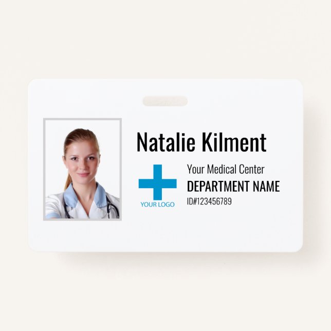 Hospital Employee Photo Name Logo Black and White ID Badge (Front)