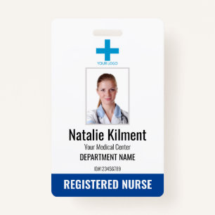 Hospital Employee Photo Name Logo Blue and White ID Badge