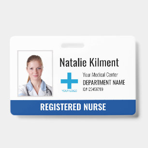 Hospital Employee Photo Name Logo Blue Black White ID Badge