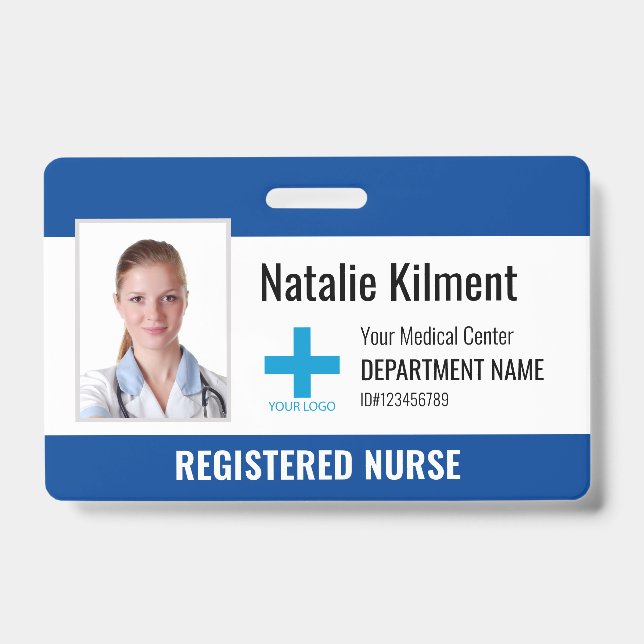 Hospital Employee Photo Name Logo Blue Black White ID Badge (Front)