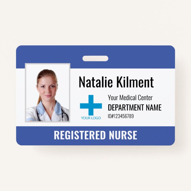 Hospital Employee Photo Name Logo Blue Black White ID Badge (Front)