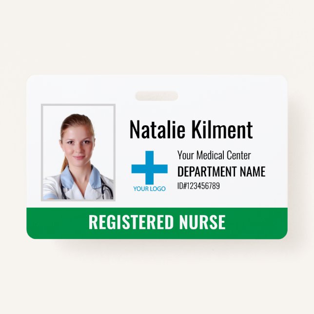 Hospital Employee Photo Name Logo Green and White ID Badge (Front)