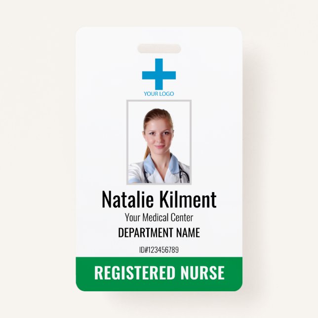 Hospital Employee Photo Name Logo Green and White ID Badge (Front)