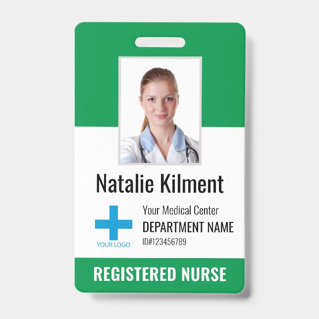 Hospital Employee Photo Name Logo Green and White ID Badge (Front)