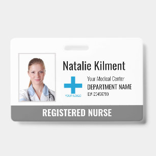 Hospital Employee Photo Name Logo Grey and White ID Badge