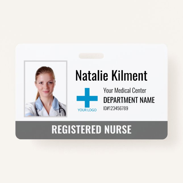 Hospital Employee Photo Name Logo Grey and White ID Badge (Front)