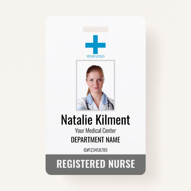 Hospital Employee Photo Name Logo Grey and White ID Badge (Front)