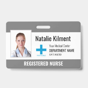 Hospital Employee Photo Name Logo Grey and White ID Badge