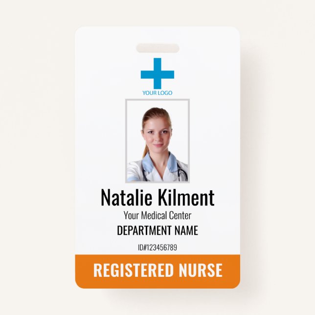 Hospital Employee Photo Name Logo Orange and White ID Badge (Front)