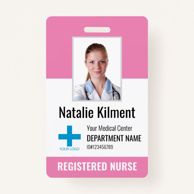 Hospital Employee Photo Name Logo Pink Black White ID Badge (Front)