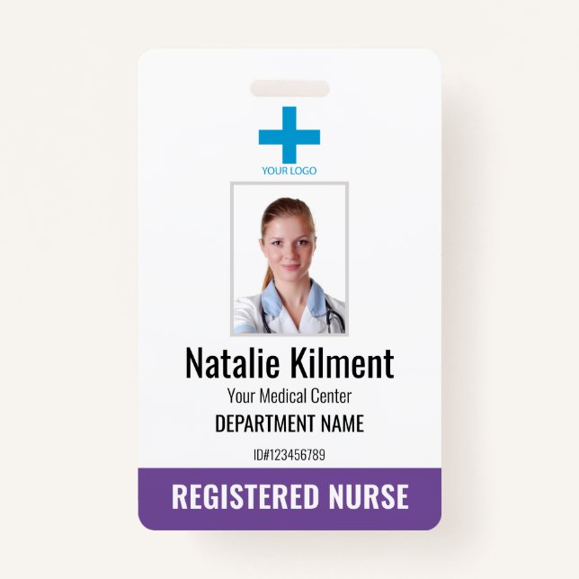Hospital Employee Photo Name Logo Purple and White ID Badge (Front)