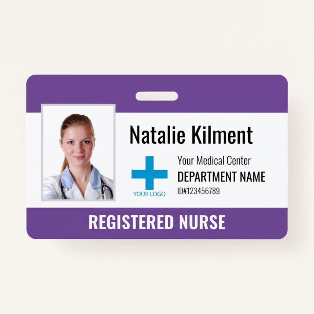 Hospital Employee Photo Name Logo Purple Violet ID Badge (Front)