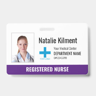 Hospital Employee Photo Name Logo Purple Violet ID Badge