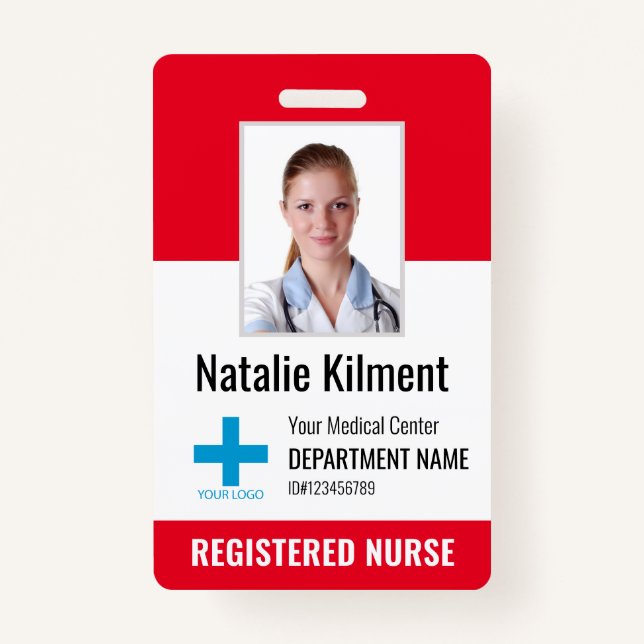 Hospital Employee Photo Name Logo Red Black White ID Badge (Front)