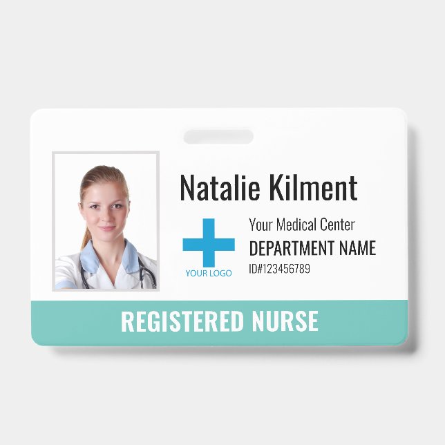 Hospital Employee Photo Name Logo Teal and White ID Badge (Front)