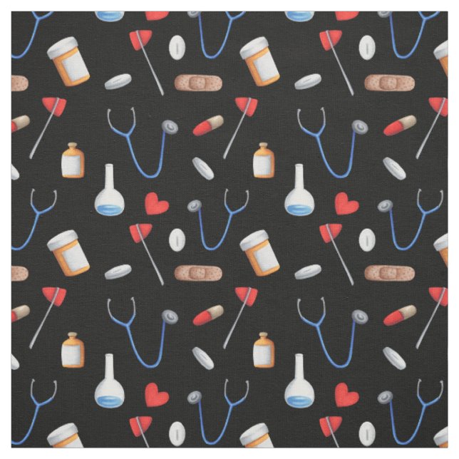 Hospital Equipment Patterned Black Blue and Red Fabric (Swatch)
