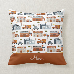 Hospital, Fire, Police City Pattern for Kids Cushion