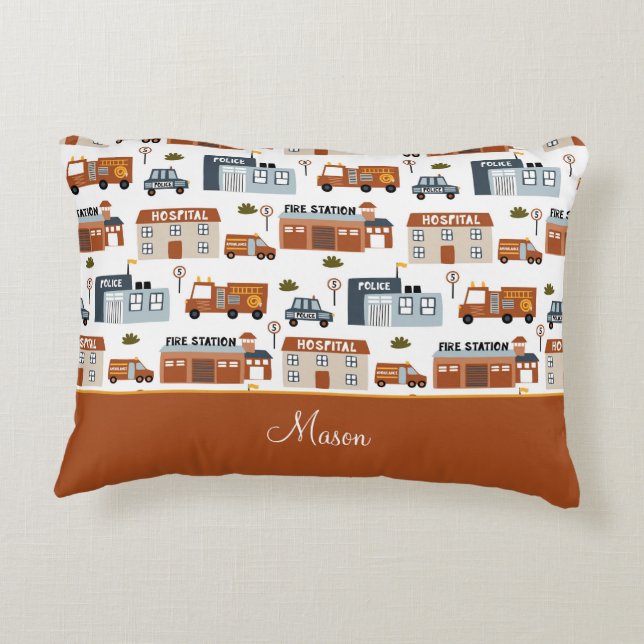 Hospital, Fire, Police City Pattern for Kids Decorative Cushion (Back)