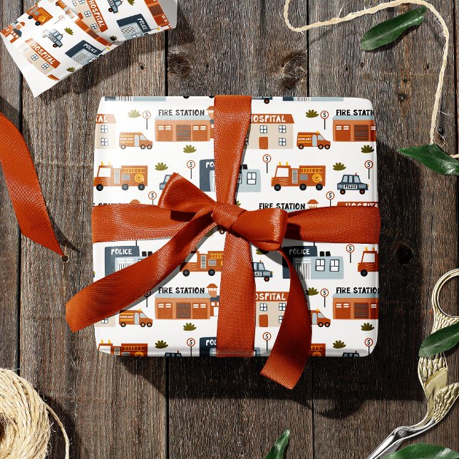 Hospital, Fire, Police City Pattern for Kids Wrapping Paper (Creator Uploaded)