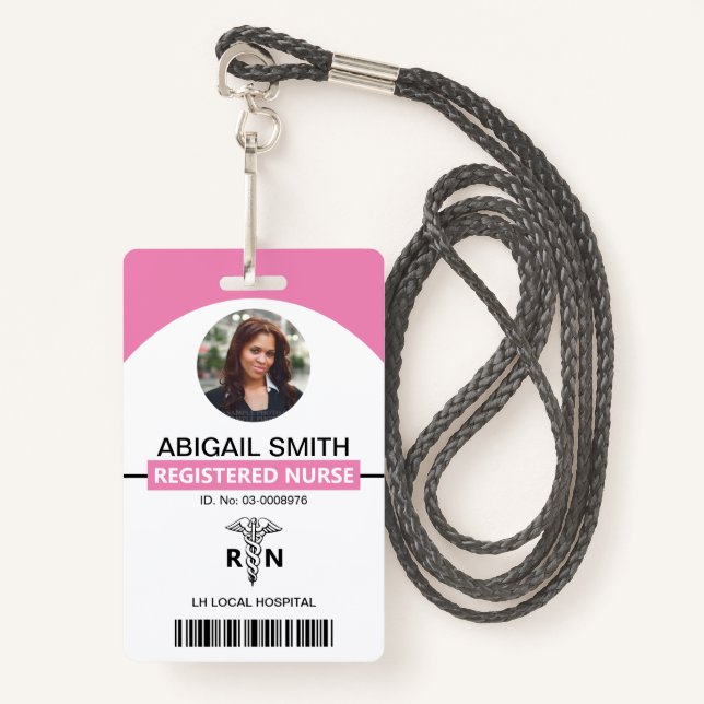 Hospital RN employee caduceus pink photo template ID Badge (Front with Lanyard)