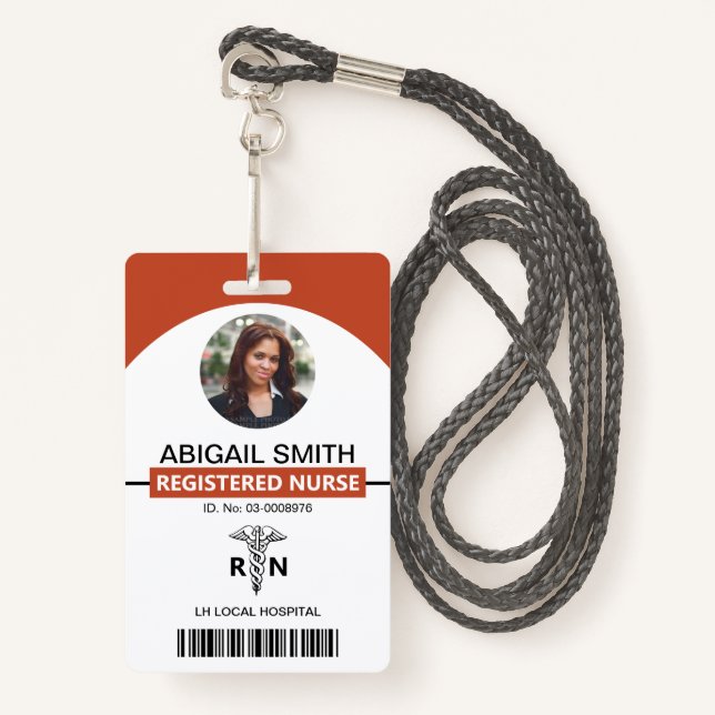 Hospital RN employee caduceus terracotta photo  ID Badge (Front with Lanyard)