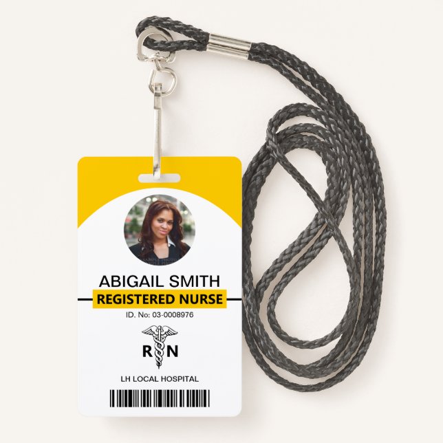 Hospital RN employee yellow photo template ID Badge (Front with Lanyard)